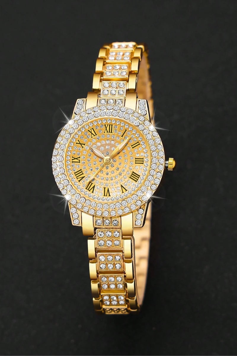 Women's accessory set consisting of 4 pieces, includes a watch and 3 gold-colored bracelets. The set is adorned with sparkling rhinestones, making it suitable as a gift for graduations, birthdays, Valentine's Day, engagements, and all special occasions  - Image 5