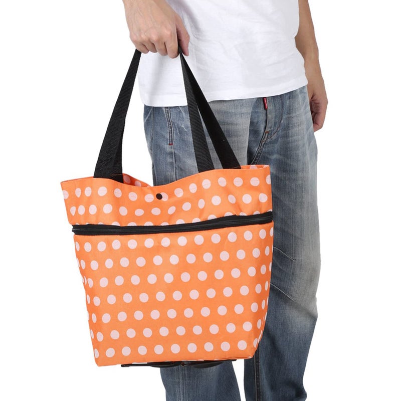 Oxford Cloth Foldable Rolling Shopping Bag With Wheels Dual Purpose Orange Dots - Image 2