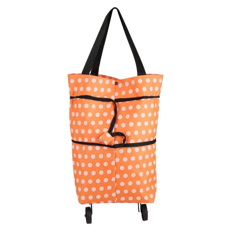 Oxford Cloth Foldable Rolling Shopping Bag With Wheels Dual Purpose Orange Dots - Image 1