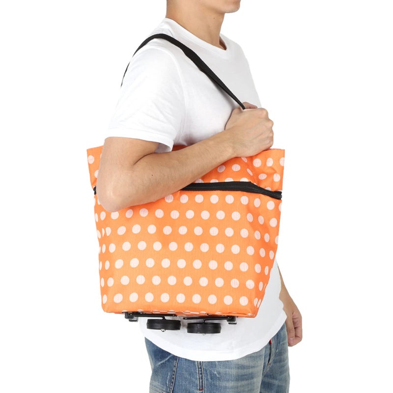 Oxford Cloth Foldable Rolling Shopping Bag With Wheels Dual Purpose Orange Dots - Image 3