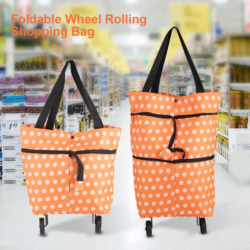 Oxford Cloth Foldable Rolling Shopping Bag With Wheels Dual Purpose Orange Dots - Image 4