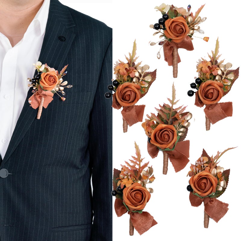 BENCENTRE BENCENTRE Burnt Orange Boutonniere for Men,Prom boutonnieres,boho boutonniere,Groom and Groomsmen Boutonniere for  - Image 2