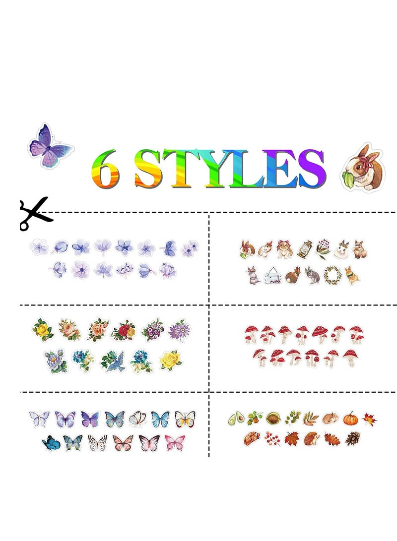 SYOSI 600pcs Washi Tape Stickers Roll, 6 Roll Vintage Washi Tape, Decorative Butterfly Flower Animal Leaves Mushroom, Scrapbook Stickers for Art DIY Diary Planner, Colorful Aesthetic Stickers - Image 3