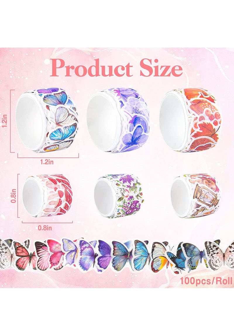 SYOSI 600pcs Washi Tape Stickers Roll, 6 Roll Vintage Washi Tape, Decorative Butterfly Flower Animal Leaves Mushroom, Scrapbook Stickers for Art DIY Diary Planner, Colorful Aesthetic Stickers - Image 5