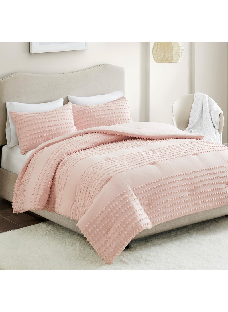 Comfort Spaces Comfort Spaces Cotton Comforter Set Jacquard PomPom Tufts Design Down Alternative All Season Modern Bedding Matching Shams FullQueen Phillips Blush 