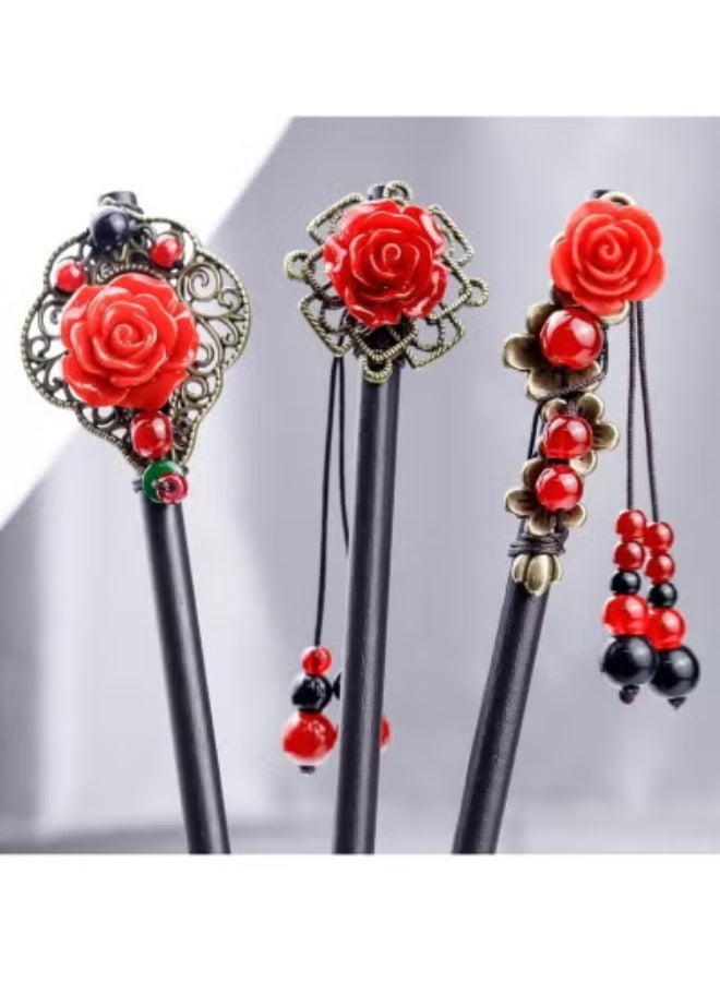 3 قطع عصي شعر خشبية ريترو مع شرابات وزهور - إكسسوارات شعر الورد المصنوعة يدويا للنساء والفتيات - Image 4