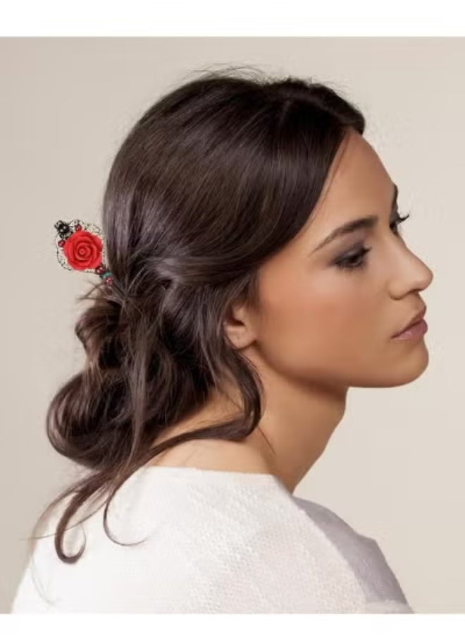 3 قطع عصي شعر خشبية ريترو مع شرابات وزهور - إكسسوارات شعر الورد المصنوعة يدويا للنساء والفتيات - Image 5