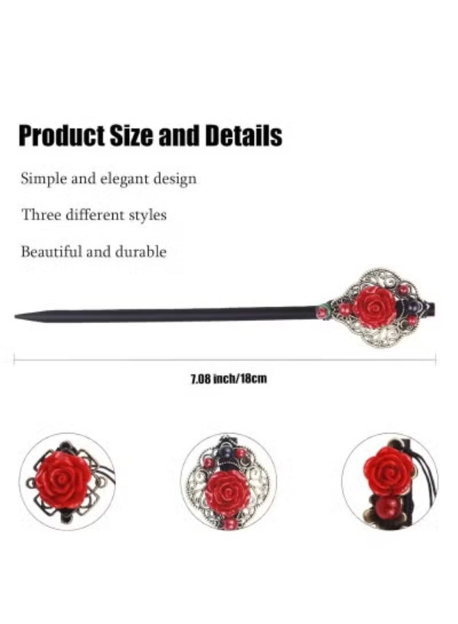 3 قطع عصي شعر خشبية ريترو مع شرابات وزهور - إكسسوارات شعر الورد المصنوعة يدويا للنساء والفتيات - Image 2