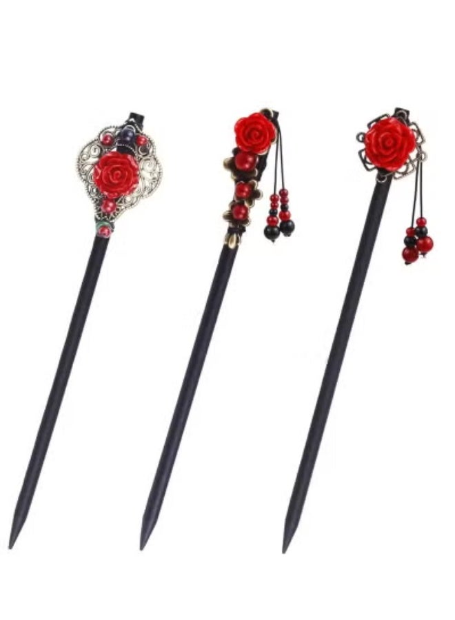 3 قطع عصي شعر خشبية ريترو مع شرابات وزهور - إكسسوارات شعر الورد المصنوعة يدويا للنساء والفتيات - Image 1