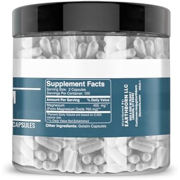 Earthborn Elements Magnesium Oxide, 200 Capsules, Pure & Undiluted, No Additives - Image 2