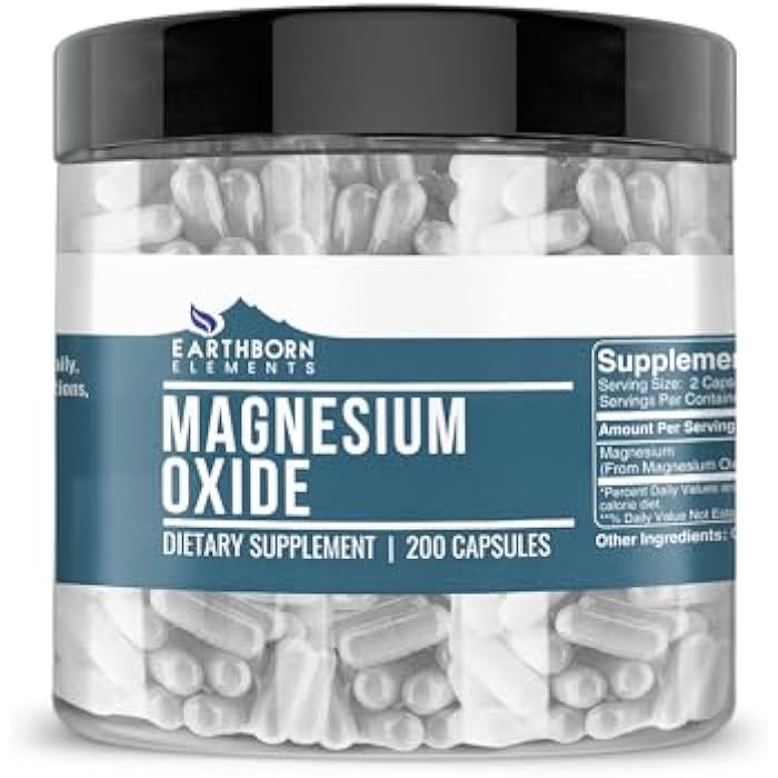 Earthborn Elements Magnesium Oxide, 200 Capsules, Pure & Undiluted, No Additives - Image 1