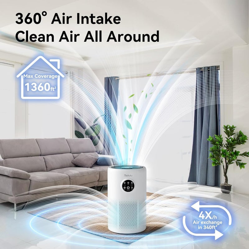 Tailulu Air Purifiers for Home Pets Large Room Up to 1360 FtÂ², Tailulu D10 HEPA Air Purifiers for Bedroom with 15dB Sleep Mode, Air Filter for Pet Dander Smoke Odor Dust Pollen with Timer Fragrance Sponge - Image 2