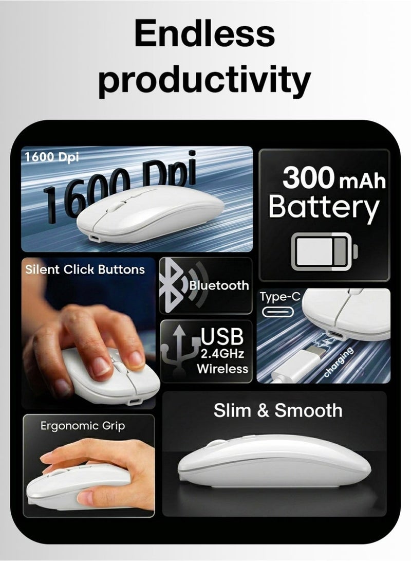 glassology Dual-Mode Wireless Mouse Bluetooth 5.0 & USB 2.4G, Silent Noiseless Slim Design for Laptop, 4 Adjustable DPI Levels Compatible With Mackbook HP Acer Lenovo Thinkpad in White - Image 5
