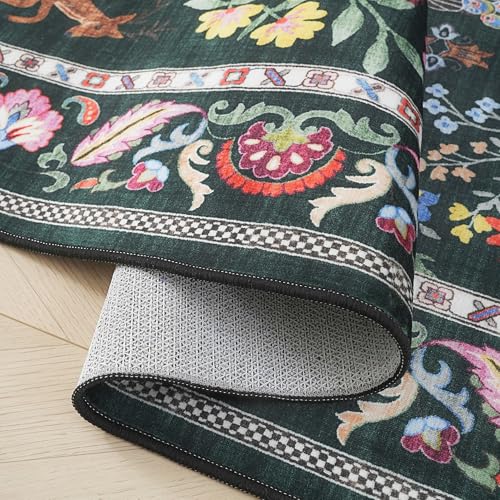 Rugcomf Area Rug 4x6 Rug Washable Rugs Floral Non Slip Low Pile Small Carpet for Bedroom, Bedside, Kids Room, Office, Dining Room (Emerald Green) - Image 2
