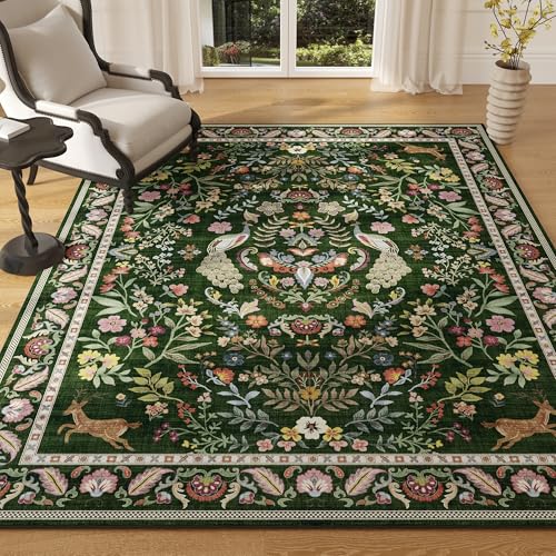 Rugcomf Area Rug 4x6 Rug Washable Rugs Floral Non Slip Low Pile Small Carpet for Bedroom, Bedside, Kids Room, Office, Dining Room (Emerald Green) - Image 1