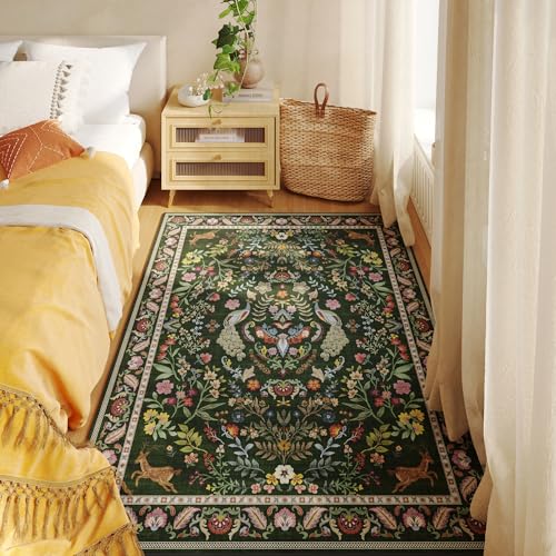 Rugcomf Area Rug 4x6 Rug Washable Rugs Floral Non Slip Low Pile Small Carpet for Bedroom, Bedside, Kids Room, Office, Dining Room (Emerald Green) - Image 3