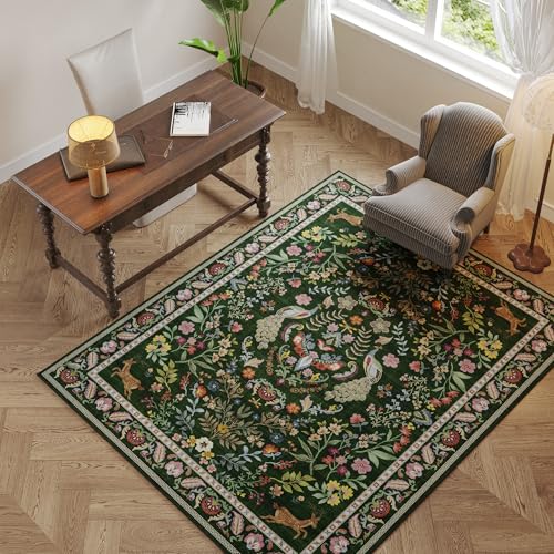 Rugcomf Area Rug 4x6 Rug Washable Rugs Floral Non Slip Low Pile Small Carpet for Bedroom, Bedside, Kids Room, Office, Dining Room (Emerald Green) - Image 4