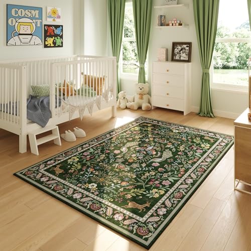 Rugcomf Area Rug 4x6 Rug Washable Rugs Floral Non Slip Low Pile Small Carpet for Bedroom, Bedside, Kids Room, Office, Dining Room (Emerald Green) - Image 5