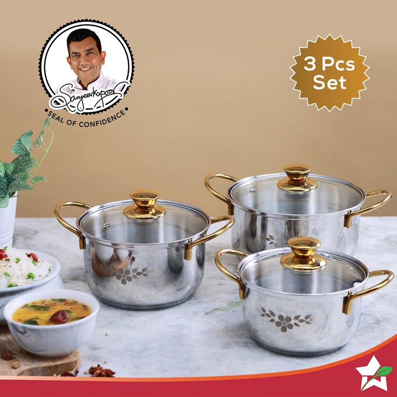Wonderchef Wonderchef Gold Stanton Stainless Steel 3 piece Casserole Set with Glass Lid | Golden knobs and handles | Induction & Gas Stove friendly | Set of 3 (1.6L, 2.3L, 3.1L) | 1 Year Warranty - Image 5