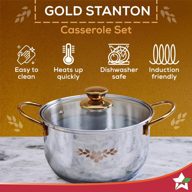 Wonderchef Wonderchef Gold Stanton Stainless Steel 3 piece Casserole Set with Glass Lid | Golden knobs and handles | Induction & Gas Stove friendly | Set of 3 (1.6L, 2.3L, 3.1L) | 1 Year Warranty - Image 2
