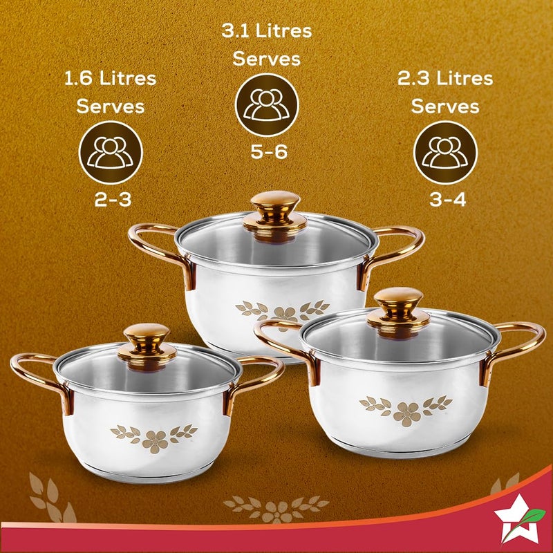 Wonderchef Wonderchef Gold Stanton Stainless Steel 3 piece Casserole Set with Glass Lid | Golden knobs and handles | Induction & Gas Stove friendly | Set of 3 (1.6L, 2.3L, 3.1L) | 1 Year Warranty - Image 4