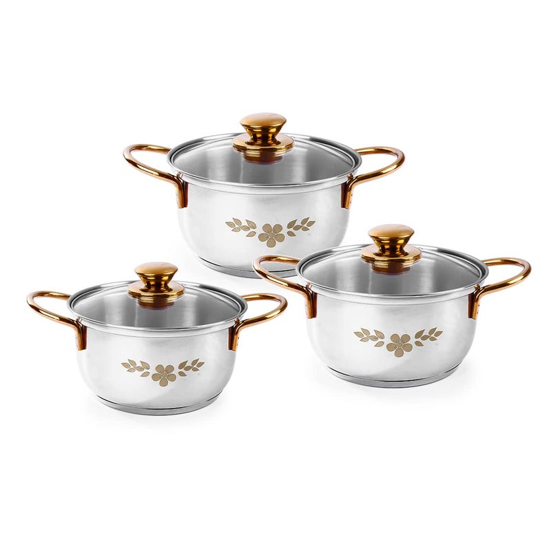 Wonderchef Wonderchef Gold Stanton Stainless Steel 3 piece Casserole Set with Glass Lid | Golden knobs and handles | Induction & Gas Stove friendly | Set of 3 (1.6L, 2.3L, 3.1L) | 1 Year Warranty - Image 1