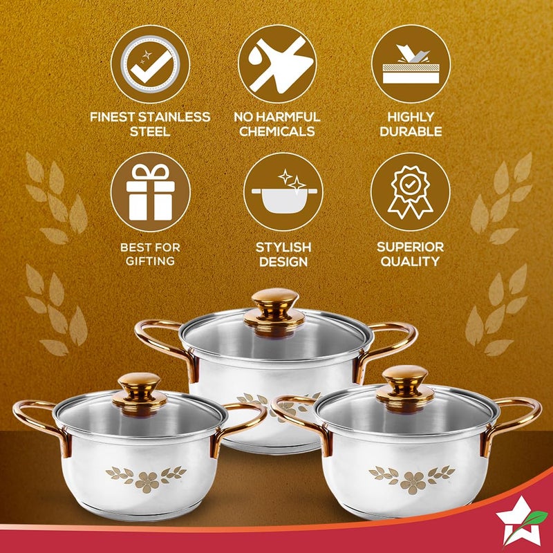 Wonderchef Wonderchef Gold Stanton Stainless Steel 3 piece Casserole Set with Glass Lid | Golden knobs and handles | Induction & Gas Stove friendly | Set of 3 (1.6L, 2.3L, 3.1L) | 1 Year Warranty - Image 3