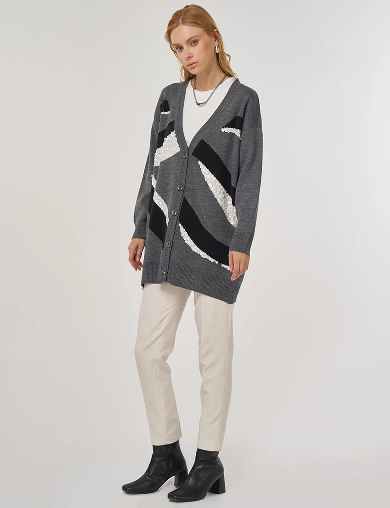 Kayra Color-Block Knit Cardigan Anthracite