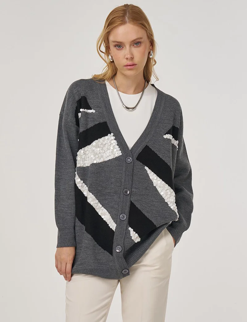 Kayra Color-Block Knit Cardigan Anthracite