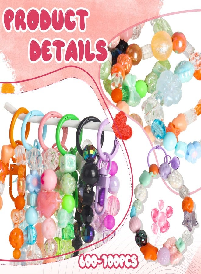 RYKOMO 600-700PCS Acrylic Beads for Bracelet Making Kit, with Bell, String, Key Rings, Clips in 6 Colors Kawaii Aesthetic Cute Beads for Jewelry Making, Keychains, Phone Charms, DIY Crafts - Image 4
