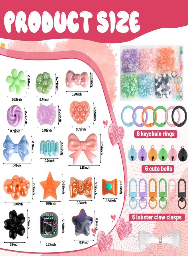 RYKOMO 600-700PCS Acrylic Beads for Bracelet Making Kit, with Bell, String, Key Rings, Clips in 6 Colors Kawaii Aesthetic Cute Beads for Jewelry Making, Keychains, Phone Charms, DIY Crafts - Image 2