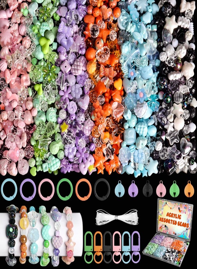 RYKOMO 600-700PCS Acrylic Beads for Bracelet Making Kit, with Bell, String, Key Rings, Clips in 6 Colors Kawaii Aesthetic Cute Beads for Jewelry Making, Keychains, Phone Charms, DIY Crafts - Image 1