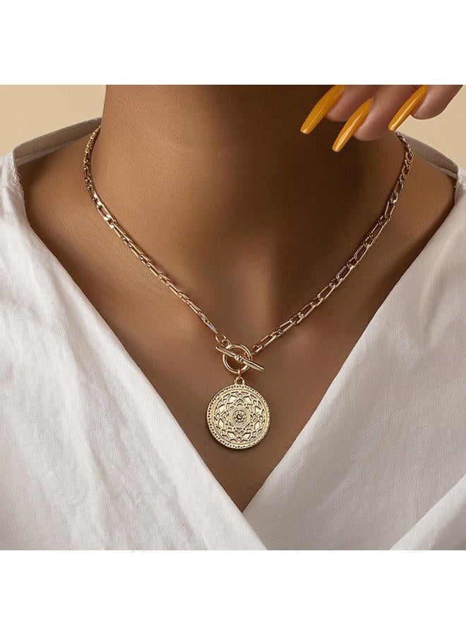 GIGB PBDK Chunky Gold Sunflower Round Pendant Necklace, Adjustable Layered Stacked Ferrero Chain Necklace, Dainty Ot Coin Pendant Jewelry, Large, Alloy Steel, No Gemstone - Image 2