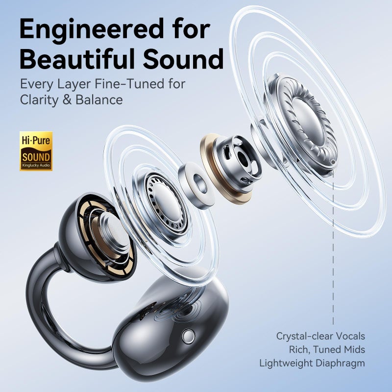 Kinglucky ClipFree A20 Open-Ear Earbuds with Butterfly Earrings, Secure & Comfort Fit, Premium Sound Clip-On Earbuds with Digital Display, 50H Playtime Bluetooth 5.4 Wireless Headphones Black - Image 5