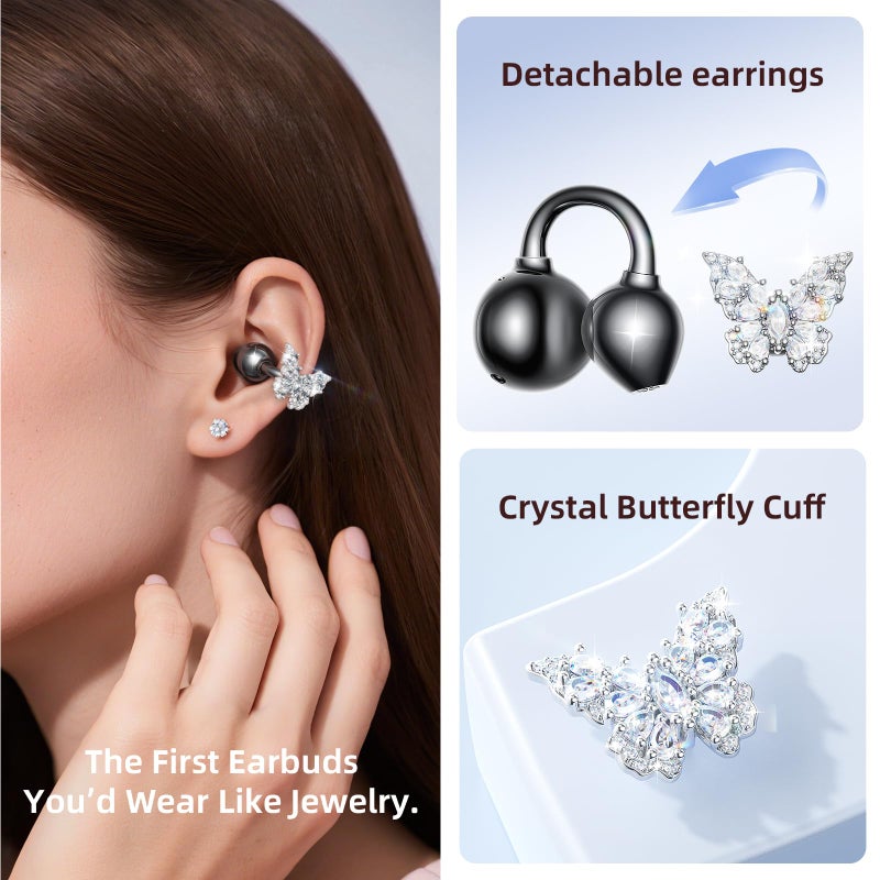 Kinglucky ClipFree A20 Open-Ear Earbuds with Butterfly Earrings, Secure & Comfort Fit, Premium Sound Clip-On Earbuds with Digital Display, 50H Playtime Bluetooth 5.4 Wireless Headphones Black - Image 2
