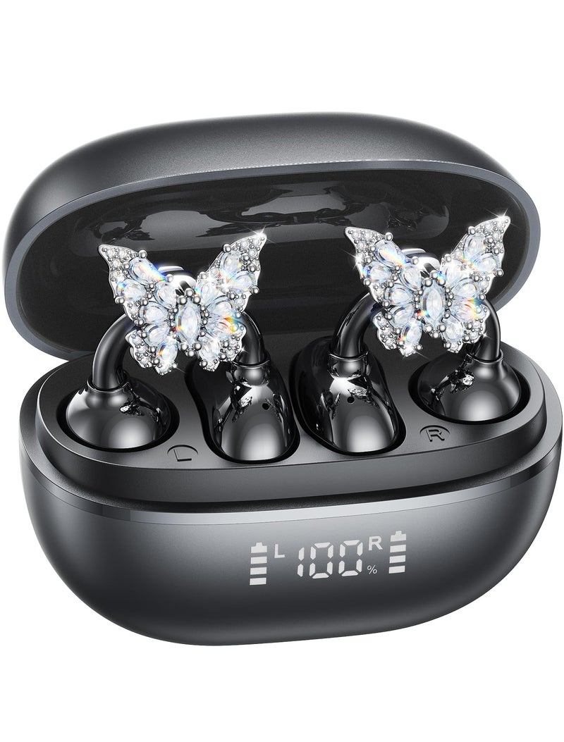 Kinglucky ClipFree A20 Open-Ear Earbuds with Butterfly Earrings, Secure & Comfort Fit, Premium Sound Clip-On Earbuds with Digital Display, 50H Playtime Bluetooth 5.4 Wireless Headphones Black - Image 1