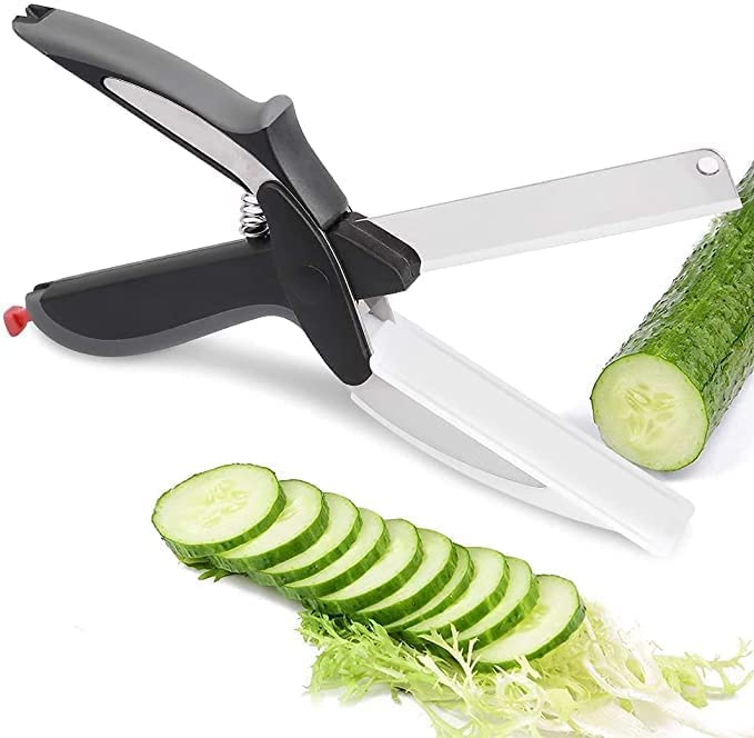 Dweezhet 2in1 Steel Smart Clever Cutter Kitchen Knife Food Chopper and in Built Mini Chopping Board with Locking Hinge with Spring Action Stainless Steel Blade Black - Image 1