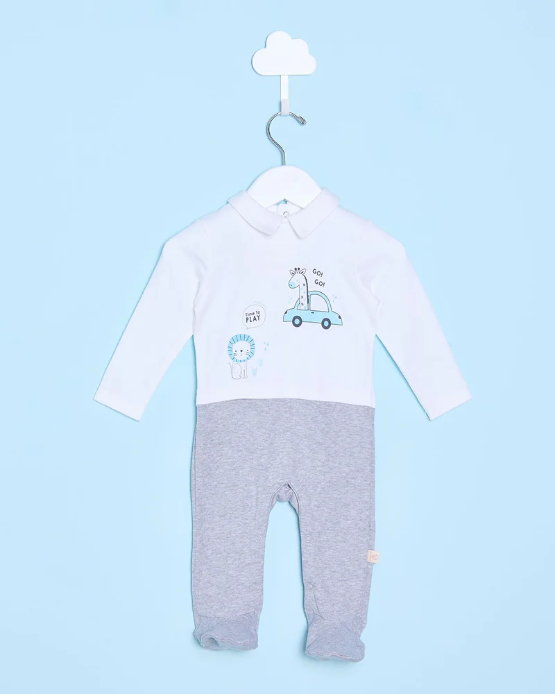Redtag Baby White And Grey Printed Sleepsuit