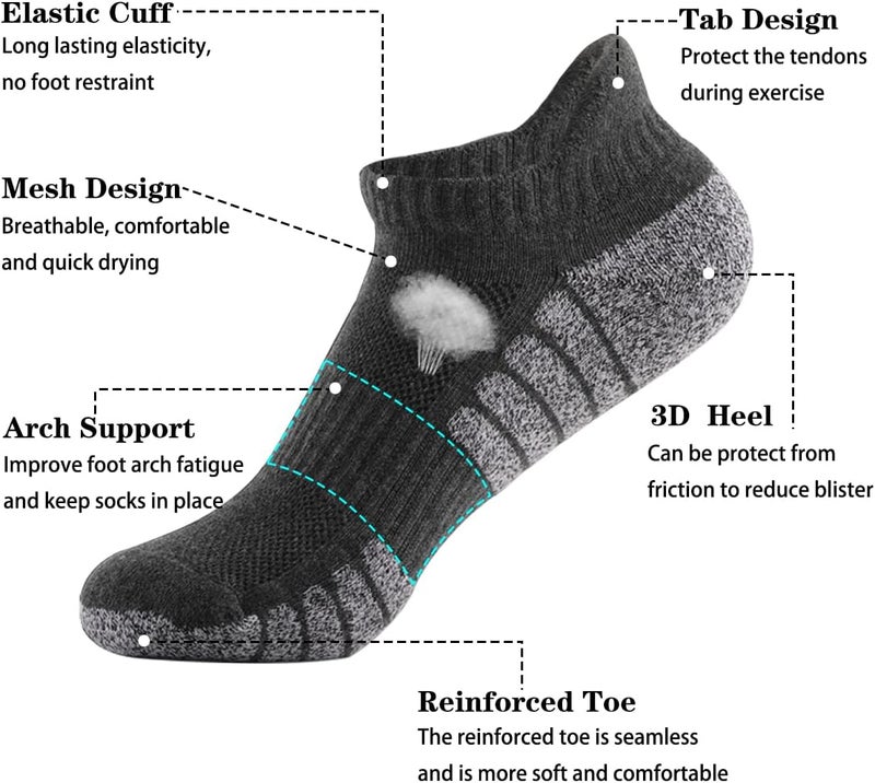 PUJANE 5 Pairs Athletic Running Ankle Socks Cushioned Breathable Low Cut Sports Tab Cotton Socks for Men and Women - Image 2