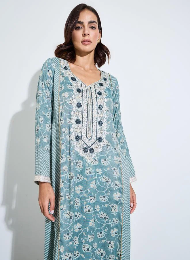 Amirah Print Colour Mix Jalabiya With Embroidery At Neck And Sleeve Hem