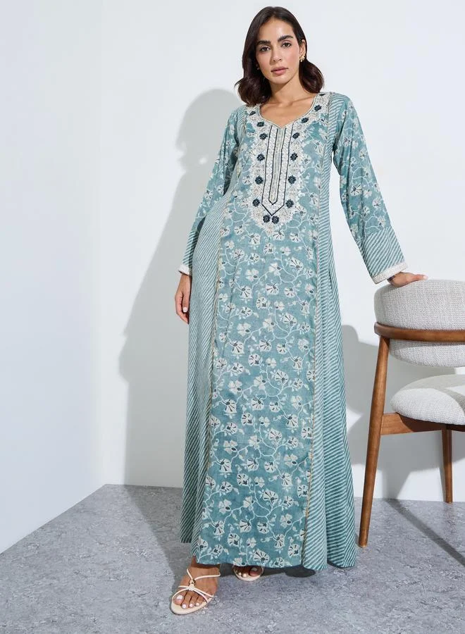 Amirah Print Colour Mix Jalabiya With Embroidery At Neck And Sleeve Hem