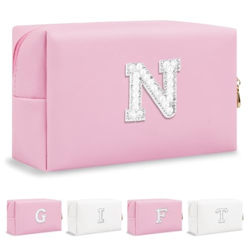 ChaoGreat Personalized Birthday Gifts Initial Letter Makeup Bag for Women,Pearl Rhinestone Patch Cosmetic Bag Toiletry Bag,Pink Cute Preppy Make Up Bag,Monogram Christmas Gift for Teen Girls Mom Friend Wife,N - Image 1