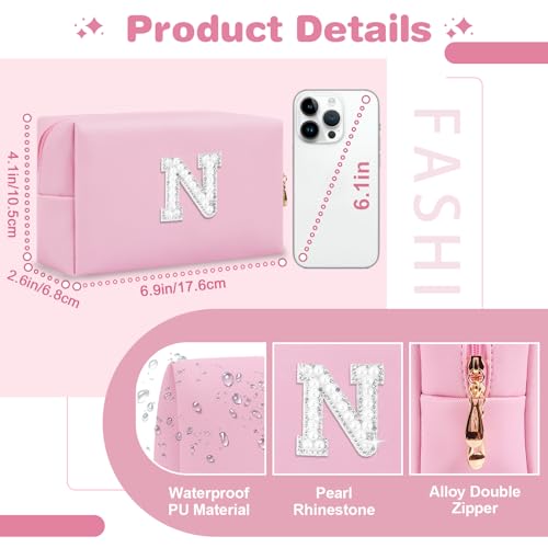 ChaoGreat Personalized Birthday Gifts Initial Letter Makeup Bag for Women,Pearl Rhinestone Patch Cosmetic Bag Toiletry Bag,Pink Cute Preppy Make Up Bag,Monogram Christmas Gift for Teen Girls Mom Friend Wife,N - Image 2