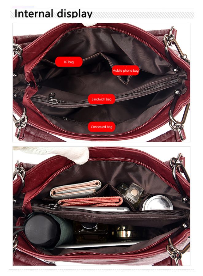 Large Casual Women's Shoulder Bag Ladies Messenger Bag High Quality Leather Retro Handbag, Maroon - Image 4