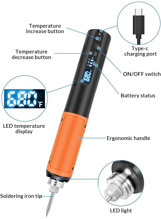 إيروريكس مجموعة مكواة لحام لاسلكية مع قلم لحام محمول بشاشة عرض LED رقمية ودرجة حرارة قابلة للتعديل ومجموعة مسدس لحام قابل لإعادة الشحن عبر USB مع كشاف LED - Image 4