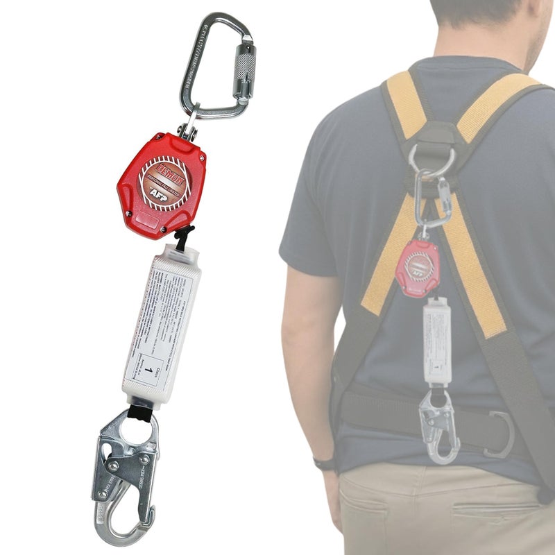 AFP Demon 6 Foot Single Web Leg Self Retracting Lifeline Safety Yoyo Shock Pack Absorber Steel Snap Hook Steel Carabiner Fall Protection Arrest Limiter SRL OSHA ANSI Rated