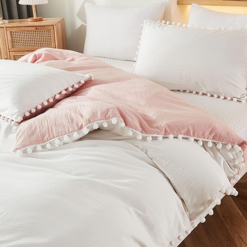 Bedbay Pink Comforter Set Twin Size Preppy Bedding Cute Pom Pom Fringe Boho Comforter White and Pink Reversible Twin Bedding Sets for Girls Boys Soft Washed Microfiber 2 Pcs(White&Pink,Twin) - Image 5