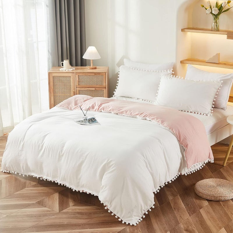 Bedbay Pink Comforter Set Twin Size Preppy Bedding Cute Pom Pom Fringe Boho Comforter White and Pink Reversible Twin Bedding Sets for Girls Boys Soft Washed Microfiber 2 Pcs(White&Pink,Twin) - Image 3