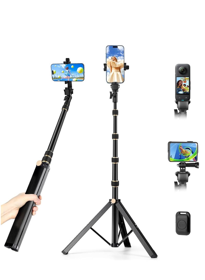 Generic - 1.7m Tripod for iPhone, Extendable Stand with Remote Control, 360° Rotating Phone Holder, Sturdy Aluminum Selfie Stick with Wide Legs and Thicker Tube, Gold Locking Knobs - Image 1