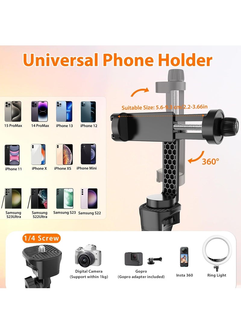 Generic - 1.7m Tripod for iPhone, Extendable Stand with Remote Control, 360° Rotating Phone Holder, Sturdy Aluminum Selfie Stick with Wide Legs and Thicker Tube, Gold Locking Knobs - Image 1